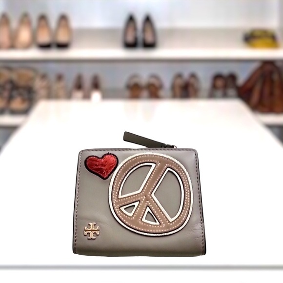 Tory Burch Mini Wallet Peace Sign Heart Embroid Brown Gray Leather 6 Card Slots